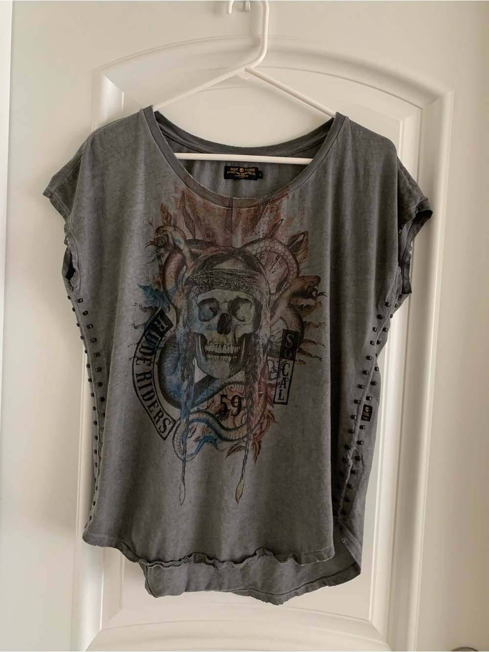 RUDE Grey Short-Sleeve Skull Graphic Tee with Stud Accents